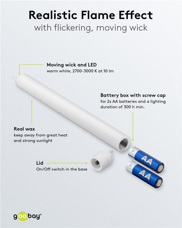 Goobay Set med 5 vita LED riktiga vax stav ljus, inkl. fjärrkontroll Vacker och säker belysningslösning för många områden som hus och loggia, kontor eller skolor