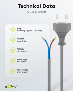 Goobay Kaapeli, jossa on europistoke asennusta varten, 1,5 m, harmaa europistoke (tyyppi C, CEE 7/16) > irtonaiset kaapelinpäädyt Goobay Kaapeli, jossa on europistoke asennusta varten, 1,5 m, harmaa europistoke (tyyppi C, CEE 7/16) > irtonaiset kaapelinpäädyt