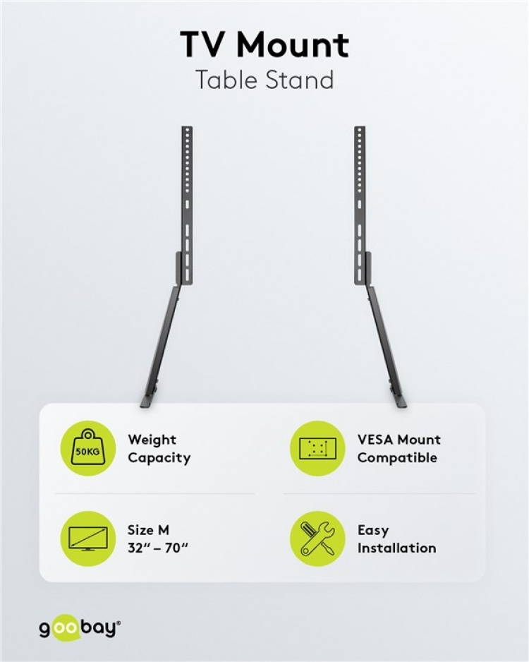 Goobay TV-pöytäjalusta 32-70 tuuman (81-178 cm) televisioille ja näytöille 50 kg:n painoon asti, kallistettava Goobay TV-pöytäjalusta 32-70 tuuman (81-178 cm) televisioille ja näytöille 50 kg:n painoon asti, kallistettava