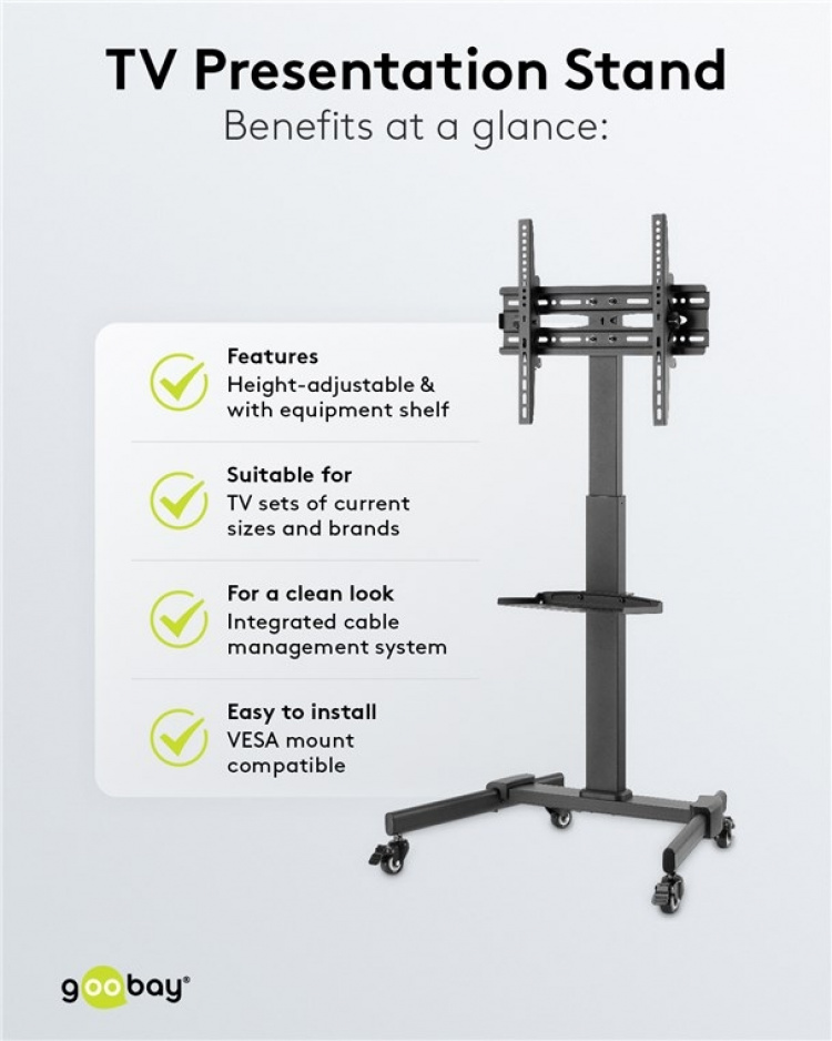 Goobay TV-esittelyjalusta Basic (koko L) 37-70 tuuman (94-178 cm) televisioille tai näytöille, joiden paino on enintään 35 kg Goobay TV-esittelyjalusta Basic (koko L) 37-70 tuuman (94-178 cm) televisioille tai näytöille, joiden paino on enintään 35 kg
