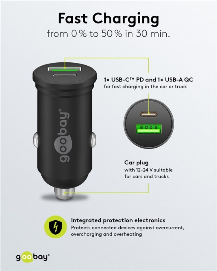 Goobay Dubbel USB-billadare USB-C™ PD (Power Delivery) (45 W) 45 W (12/24 V), lämplig för enheter med USB-C™ (Power Delivery), t.ex. iPhone 12 Goobay Dubbel USB-billadare USB-C™ PD (Power Delivery) (45 W) 45 W (12/24 V), lämplig för enheter med USB-C™ (Power Delivery), t.ex. iPhone 12