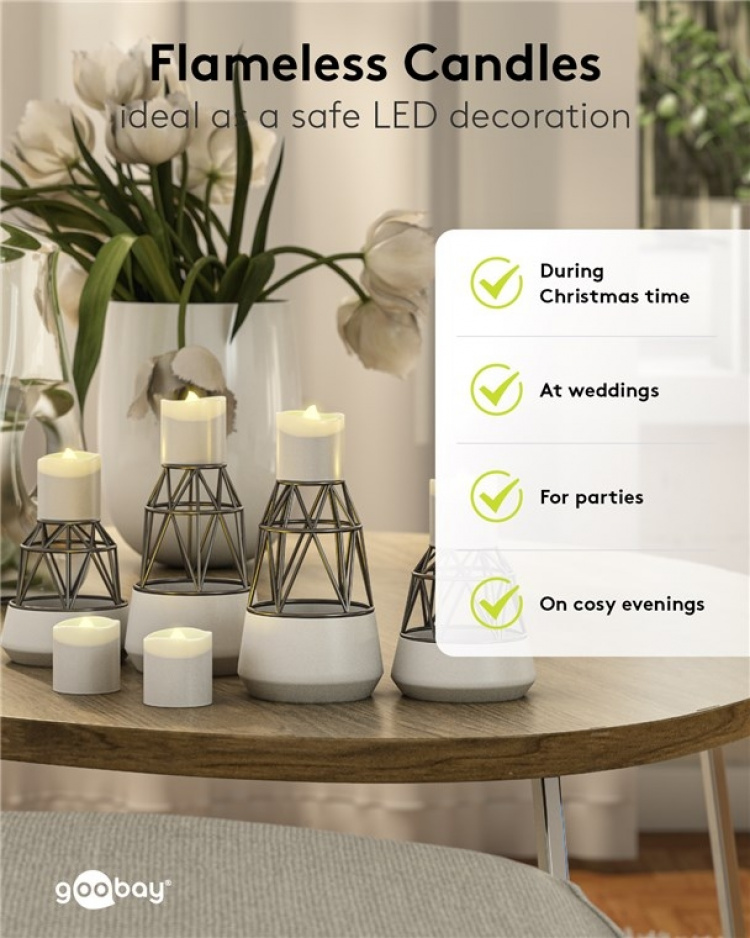 Goobay Uppsättning med 6 LED-värmeljus ljusuppsättning med fjärrkontroll, för inomhusbruk (IP20), varmvitt (2700 K), laddning via USB