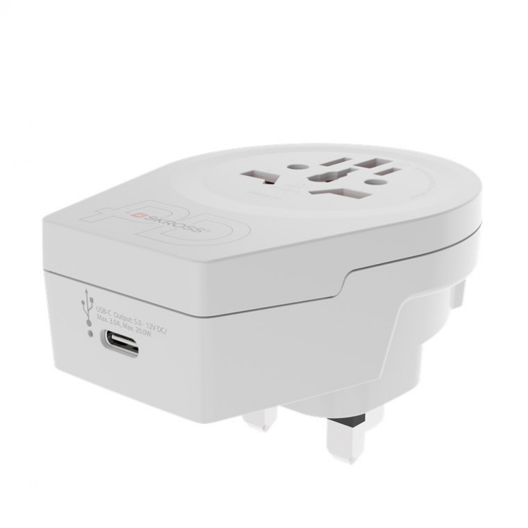 SKROSS World Adapter - World to UK USB-C™ PD för alla jordade och ojordade enheter (2- och 3-poliga), med integrerad, ultrasnabb USB-C™-laddare (Power Delivery) SKROSS World Adapter - World to UK USB-C™ PD för alla jordade och ojordade enheter (2- och 3-poliga), med integrerad, ultrasnabb USB-C™-laddare (Power Delivery)