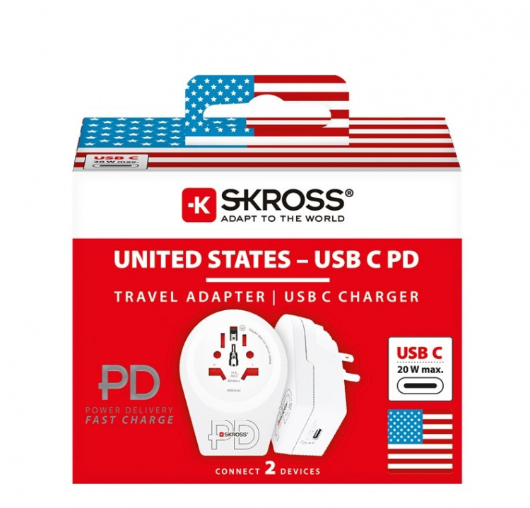 SKROSS World Adapter - World to USA USB-C™ PD för alla jordade och ojordade enheter (2- och 3-poliga), med integrerad, ultrasnabb USB-C™-laddare (Power Delivery)