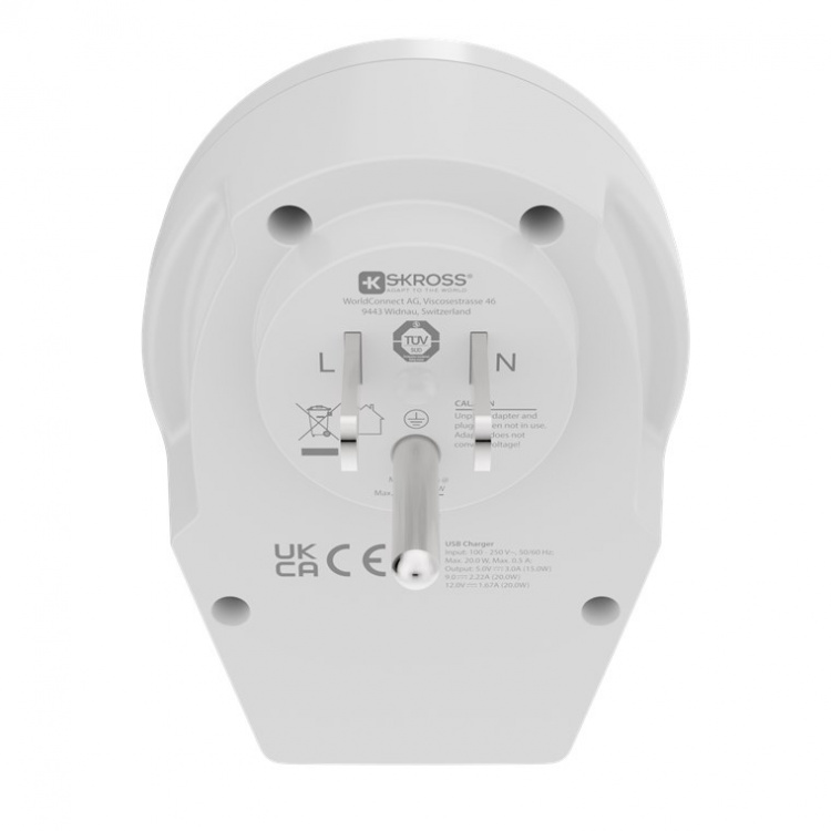 SKROSS World Adapter - World to USA USB-C™ PD för alla jordade och ojordade enheter (2- och 3-poliga), med integrerad, ultrasnabb USB-C™-laddare (Power Delivery)