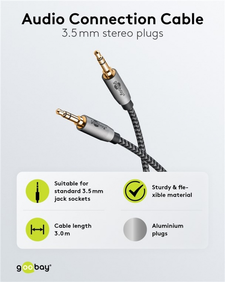 Goobay Ljudanslutningskabel AUX, 3,5 mm stereo, 3 m, Sharkskin Grey Pawl 3,5 mm plugg (3-stift, Stereo) > Pawl 3,5 mm plugg (3-stift, Stereo)