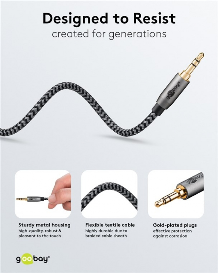 Goobay Ljudanslutningskabel AUX, 3,5 mm stereo, 3 m, Sharkskin Grey Pawl 3,5 mm plugg (3-stift, Stereo) > Pawl 3,5 mm plugg (3-stift, Stereo)