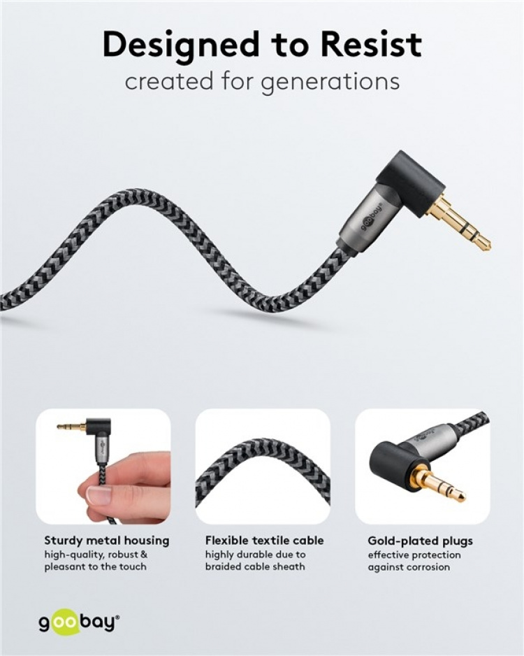 Goobay Ljudanslutningskabel AUX, 3,5 mm stereo, 90°, 1 m, Sharkskin Grey Pawl 3,5 mm plugg (3-stift, Stereo) > Pawl 3,5 mm plugg (3-stift, stereo) 90 °