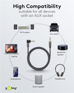 Goobay Ljudanslutningskabel AUX, 3,5 mm stereo, 90°, 1 m, Sharkskin Grey Pawl 3,5 mm plugg (3-stift, Stereo) > Pawl 3,5 mm plugg (3-stift, stereo) 90 °