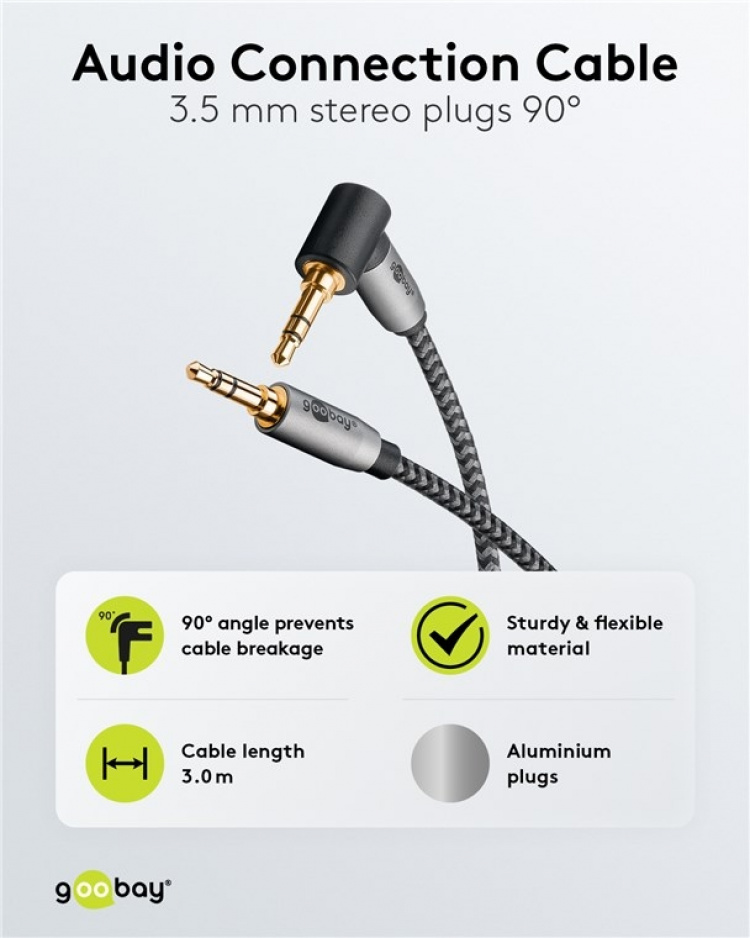 Goobay Ljudanslutningskabel AUX, 3,5 mm stereo, 90°, 3 m, Sharkskin Grey Pawl 3,5 mm plugg (3-stift, Stereo) > Pawl 3,5 mm plugg (3-stift, stereo) 90 °