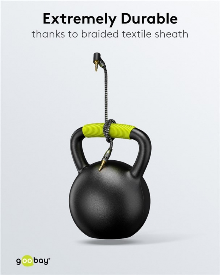 Goobay Ljudanslutningskabel AUX, 3,5 mm stereo, 90°, 5 m, Sharkskin Grey Pawl 3,5 mm plugg (3-stift, Stereo) > Pawl 3,5 mm plugg (3-stift, stereo) 90 °