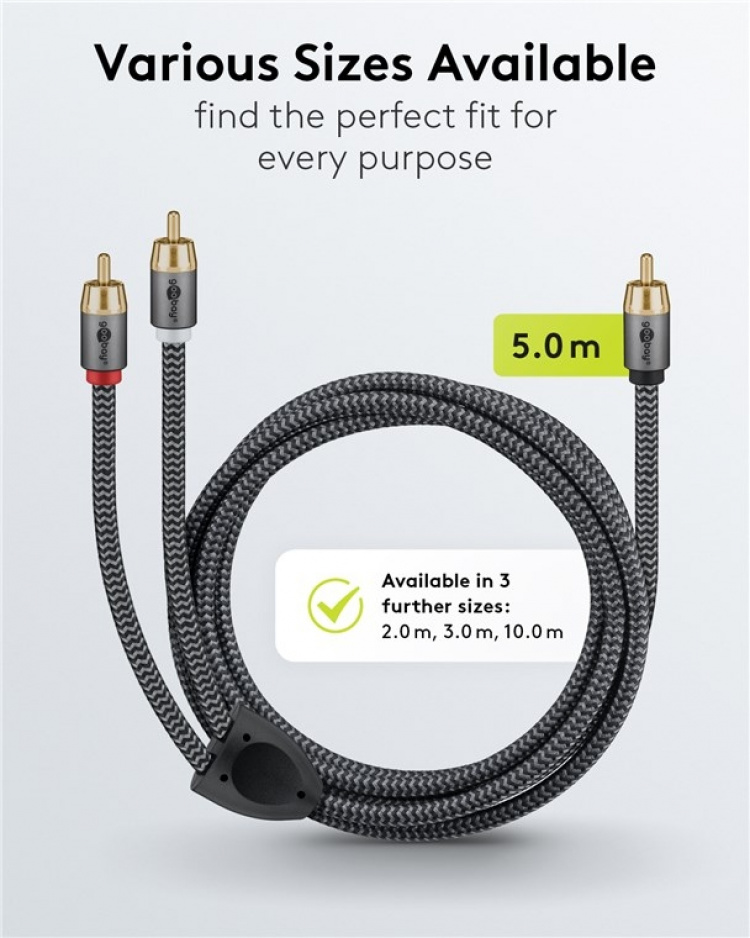 Goobay RCA-jakaja, 5 m, Sharkskin Harmaa Cinch-liitin (bassokaiutin, keskiosa) > 2x Cinch-liitin (bassokaiutin)