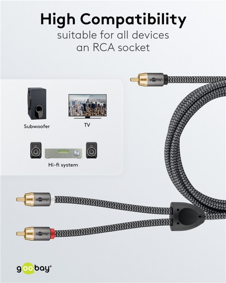 Goobay RCA-jakaja, 5 m, Sharkskin Harmaa Cinch-liitin (bassokaiutin, keskiosa) > 2x Cinch-liitin (bassokaiutin)