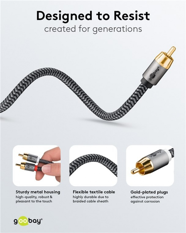Goobay RCA-splitterkabel, 10 m, Sharkskin Grey Cinch kontakten (woofer, Center) > 2x Cinch kontakten (woofer) Goobay RCA-splitterkabel, 10 m, Sharkskin Grey Cinch kontakten (woofer, Center) > 2x Cinch kontakten (woofer)