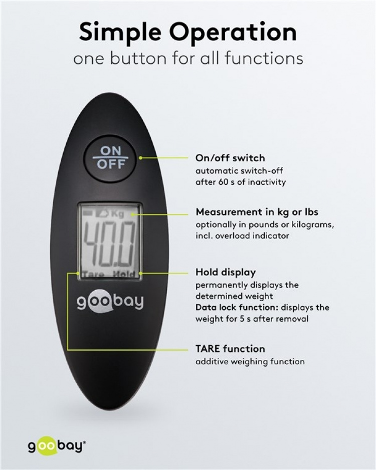Goobay Digitaalinen matkatavaravaaka jopa 40 kg:n painolle Goobay Digitaalinen matkatavaravaaka jopa 40 kg:n painolle