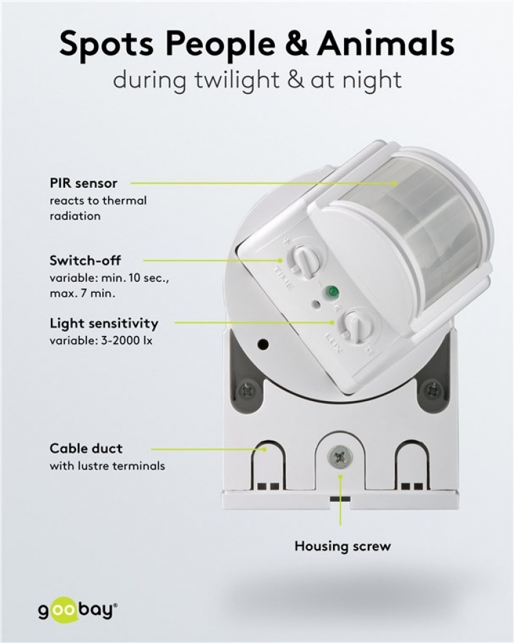 Goobay Infraröd rörelsedetektor för väggmontering, 180° detektering, 12 m räckvidd, för utomhusbruk (IP44), LED-anpassad Goobay Infraröd rörelsedetektor för väggmontering, 180° detektering, 12 m räckvidd, för utomhusbruk (IP44), LED-anpassad