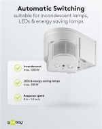 Goobay Infraröd rörelsedetektor för väggmontering, 180° detektering, 12 m räckvidd, för utomhusbruk (IP44), LED-anpassad Goobay Infraröd rörelsedetektor för väggmontering, 180° detektering, 12 m räckvidd, för utomhusbruk (IP44), LED-anpassad