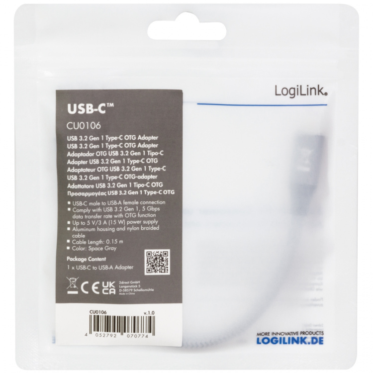 LogiLink USB-C uros USB-A naaras OTG 15W 0.15m 0.15m