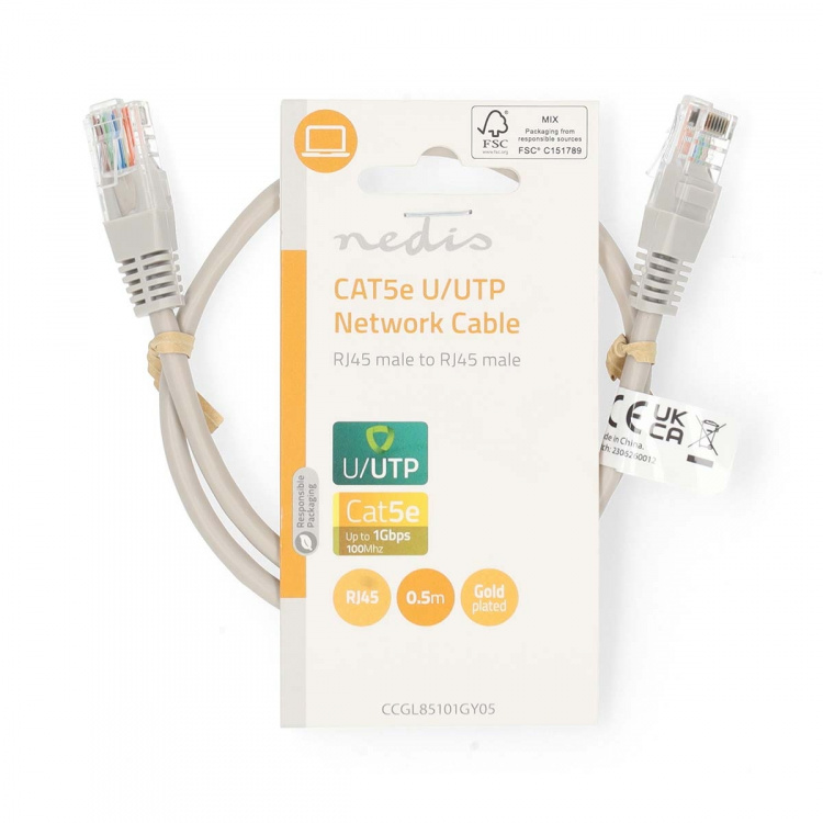 Nedis CAT5e verkkokaapeli | U/UTP | RJ45 uros | RJ45 uros | 0.50 m | Pyöreä | PVC | Harmaa | Label Nedis CAT5e verkkokaapeli | U/UTP | RJ45 uros | RJ45 uros | 0.50 m | Pyöreä | PVC | Harmaa | Label
