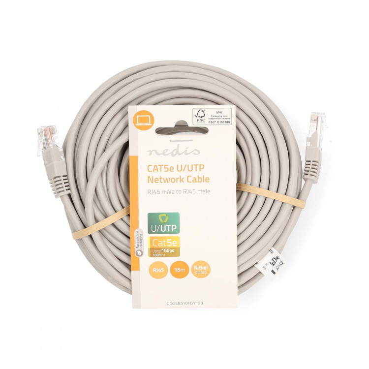 Nedis CAT5e verkkokaapeli | U/UTP | RJ45 uros | RJ45 uros | 15.0 m | Pyöreä | PVC | Harmaa | Label