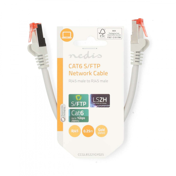 Nedis CAT6 Verkkokaapeli | RJ45 uros | RJ45 uros | S/FTP | 0.25 m | Pyöreä | LSZH | Harmaa | Label