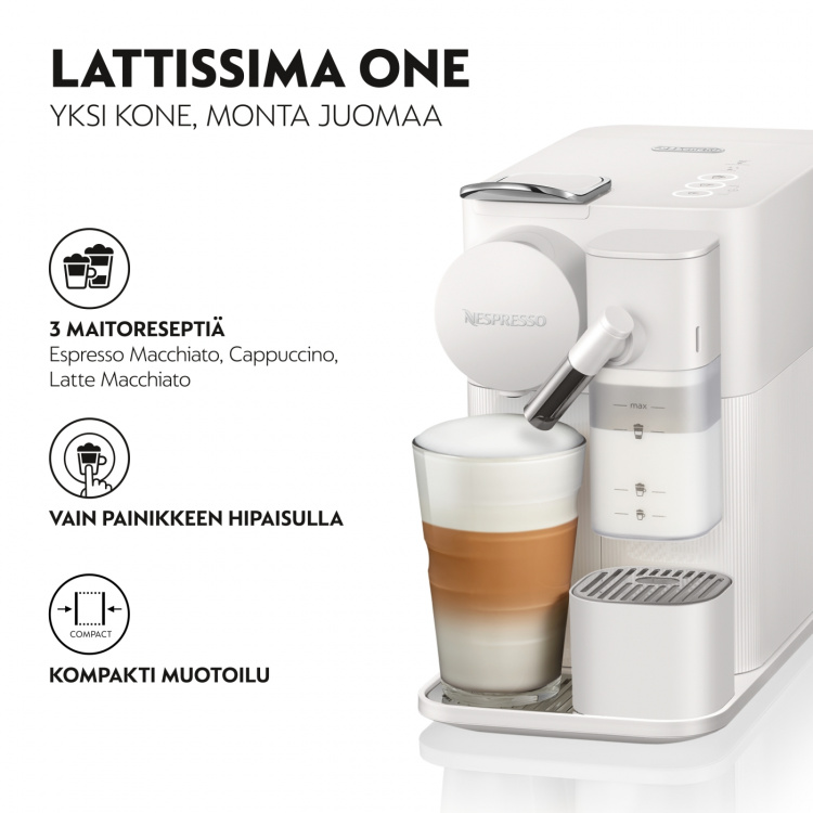 DeLonghi Nespresso Lattissima One Evo -kapselikeitin, valkoinen DeLonghi Nespresso Lattissima One Evo -kapselikeitin, valkoinen