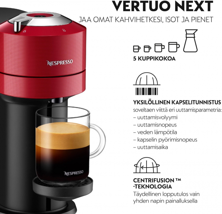 Krups Nespresso Vertuo Next -kapselikeitin, musta/punainen
