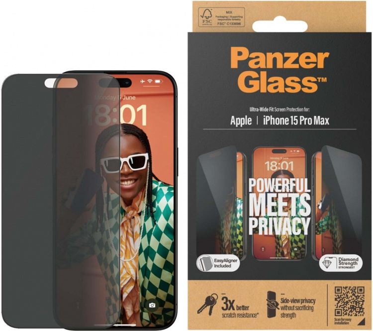 PanzerGlass Privacy Ultra Wide Fit -lasikalvo, iPhone 15 Pro Max, musta kehys PanzerGlass Privacy Ultra Wide Fit -lasikalvo, iPhone 15 Pro Max, musta kehys