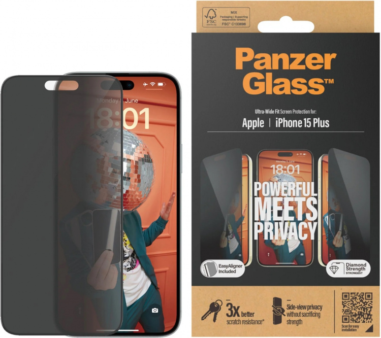 PanzerGlass Privacy Ultra Wide Fit -lasikalvo, iPhone 15 Plus, musta kehys PanzerGlass Privacy Ultra Wide Fit -lasikalvo, iPhone 15 Plus, musta kehys