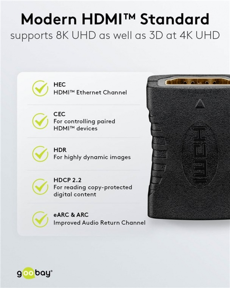 Goobay HDMI™-adapter, koppling, guldpläterad, 8K @ 60 Hz HDMI™-uttag (typ A) > HDMI™-uttag (typ A)