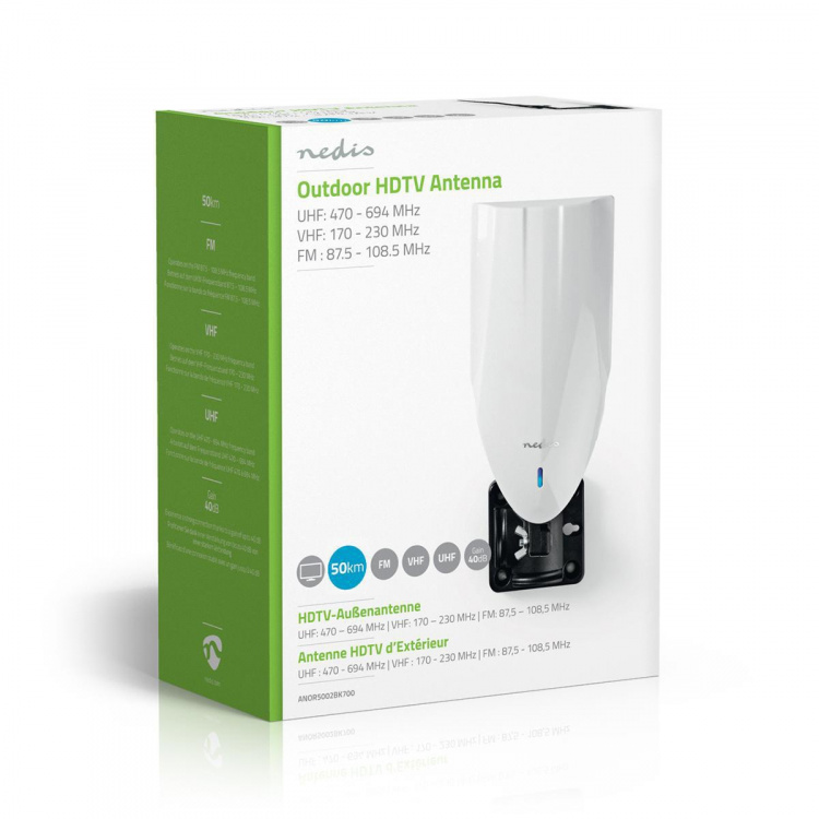 Nedis Aktiivinen HDTV Antenni | Aktiivinen | Liittimen tyyppi: F-liitin | FM / UHF / VHF | Vastaanottoalue: 0-50 km | LTE700 | Vahvistus: 25 dB | Musta / Valkoinen