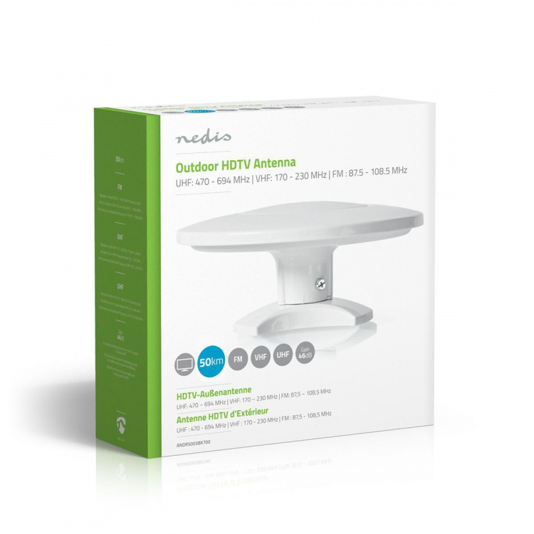 Nedis Aktiivinen HDTV Antenni | Aktiivinen | Liittimen tyyppi: F-liitin | FM / UHF / VHF | Vastaanottoalue: 0-50 km | LTE700 | Vahvistus: 28 dB | Valkoinen