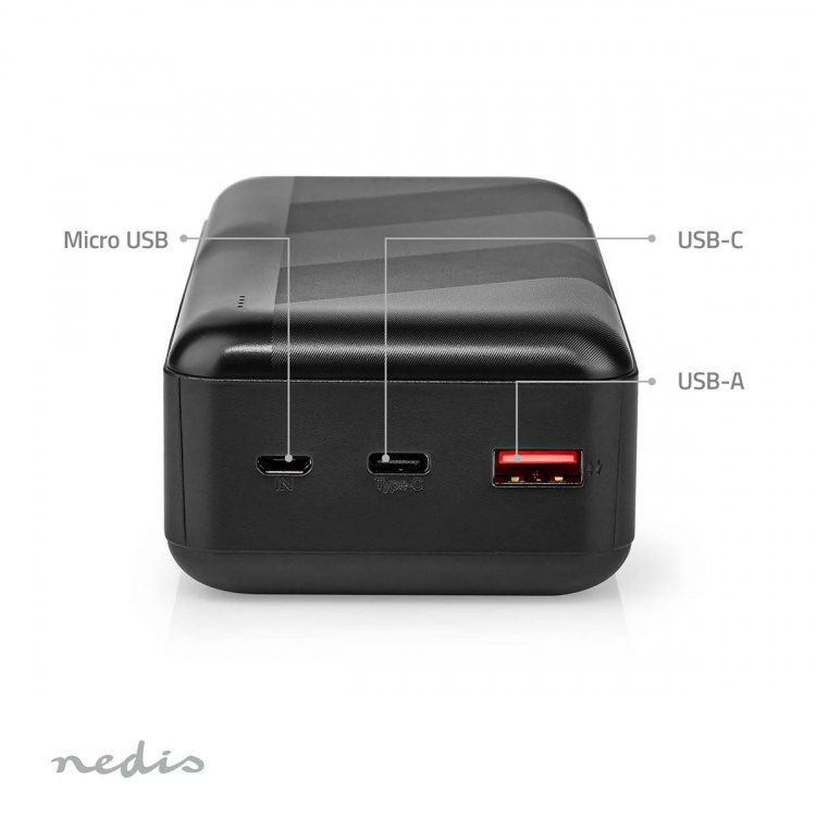 Nedis Virtapankki | 30000 mAh | 1.5 / 2.0 / 3.0 A | Lähtöliitäntöjen määrä: 2 | Lähtöliitäntä: 1x USB-A / 1x USB-C™ | Sisääntulon liitäntä: 1x Micro USB / 1x USB-C™ | PD3.0 20W | Litium-Polymeeri