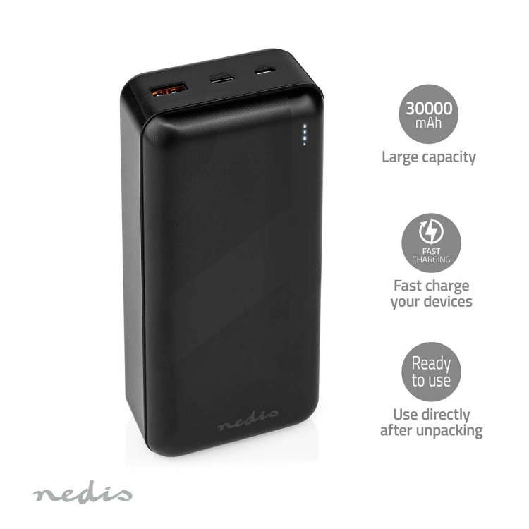 Nedis Virtapankki | 30000 mAh | 1.5 / 2.0 / 3.0 A | Lähtöliitäntöjen määrä: 2 | Lähtöliitäntä: 1x USB-A / 1x USB-C™ | Sisääntulon liitäntä: 1x Micro USB / 1x USB-C™ | PD3.0 20W | Litium-Polymeeri