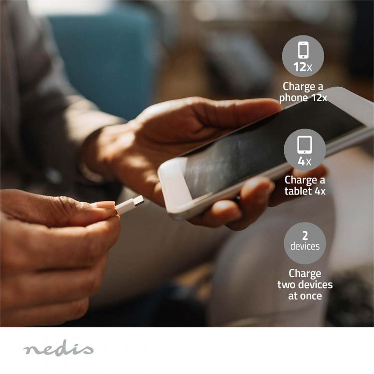 Nedis Virtapankki | 30000 mAh | 1.5 / 2.0 / 3.0 A | Lähtöliitäntöjen määrä: 2 | Lähtöliitäntä: 1x USB-A / 1x USB-C™ | Sisääntulon liitäntä: 1x Micro USB / 1x USB-C™ | PD3.0 20W | Litium-Polymeeri