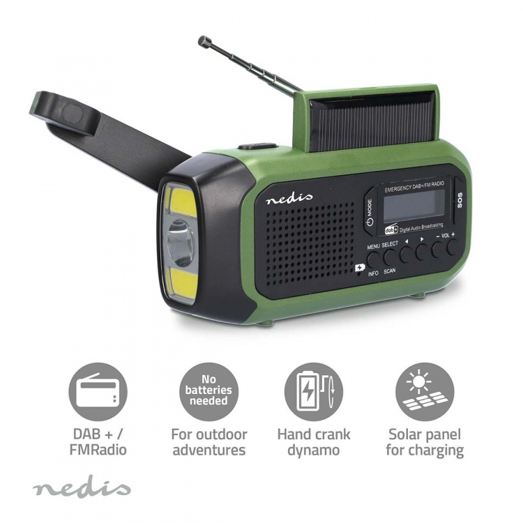 Nedis Hätäradio | Kannettava malli | DAB+ / FM | Käsiveivi / Paristokäyttöinen / Solar Powered / USB Virta | Herätyskello | Musta / Vihreä Nedis Hätäradio | Kannettava malli | DAB+ / FM | Käsiveivi / Paristokäyttöinen / Solar Powered / USB Virta | Herätyskello | Musta / Vihreä