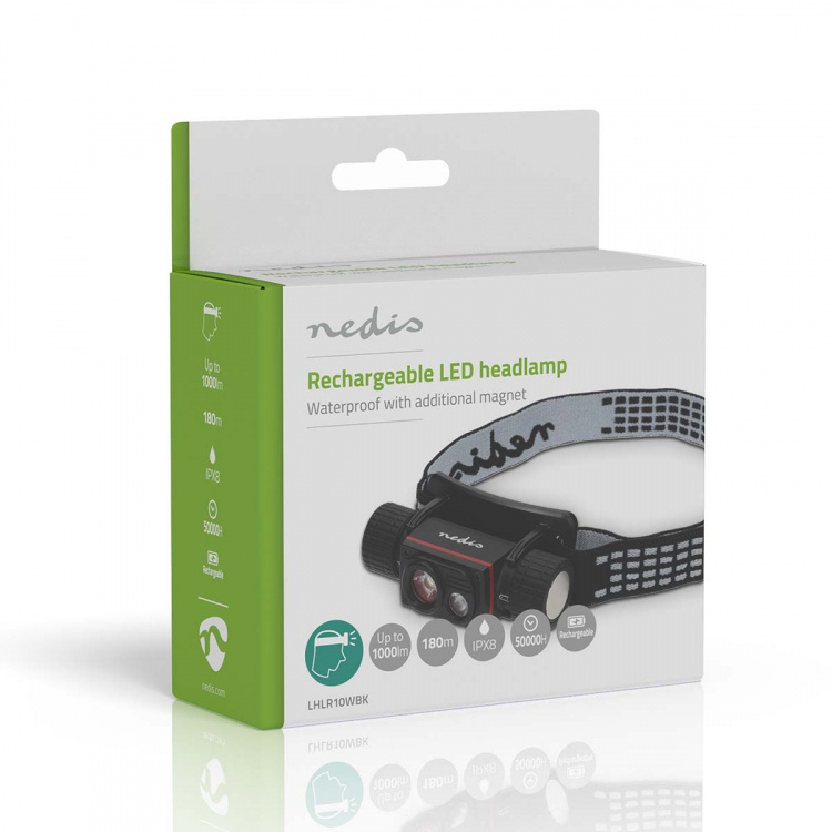 Nedis LED otsalamppu | Paristokäyttöinen / USB Virta | 3.7 V DC | Paristot sisältyvät | Ladattava | Nimellisvaloteho: 1000 lm | Valoalue: 180 m Nedis LED otsalamppu | Paristokäyttöinen / USB Virta | 3.7 V DC | Paristot sisältyvät | Ladattava | Nimellisvaloteho: 1000 lm | Valoalue: 180 m