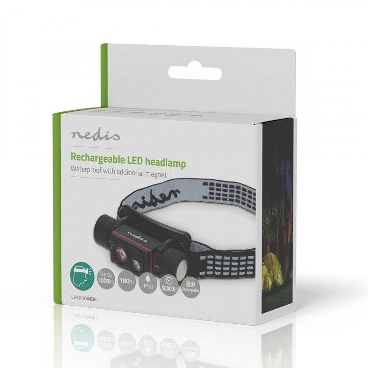 Nedis LED otsalamppu | Paristokäyttöinen / USB Virta | 3.7 V DC | Paristot sisältyvät | Ladattava | Nimellisvaloteho: 1000 lm | Valoalue: 180 m Nedis LED otsalamppu | Paristokäyttöinen / USB Virta | 3.7 V DC | Paristot sisältyvät | Ladattava | Nimellisvaloteho: 1000 lm | Valoalue: 180 m