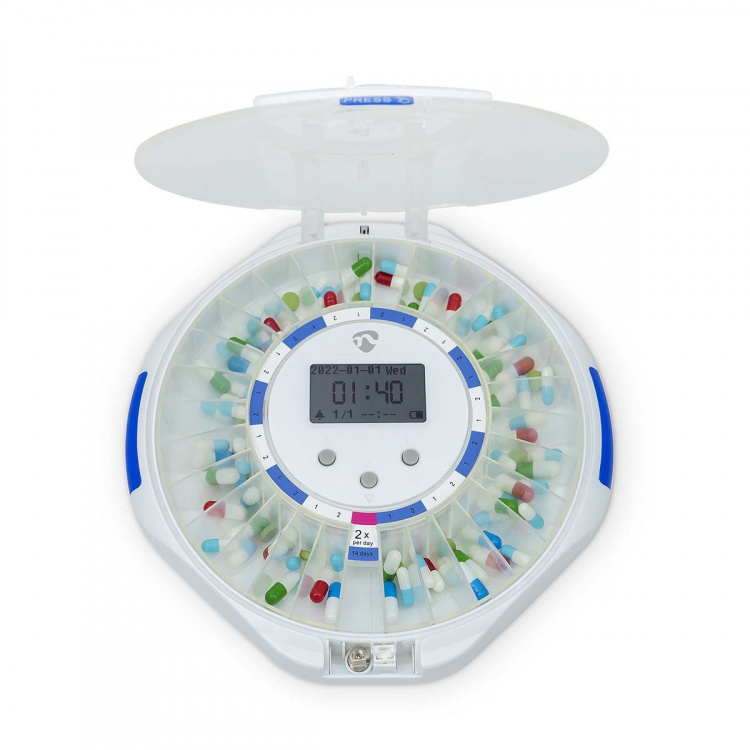 Nedis SmartLife Pilleriannostelija | Wi-Fi | 28 Osiota | Hälytysaikojen määrä: 9 hälytyskertaa päivässä | Ääni / Piippaus / Valoa | LCD näyttö | Valkoinen