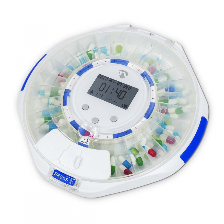 Nedis SmartLife Pilleriannostelija | Wi-Fi | 28 Osiota | Hälytysaikojen määrä: 9 hälytyskertaa päivässä | Ääni / Piippaus / Valoa | LCD näyttö | Valkoinen