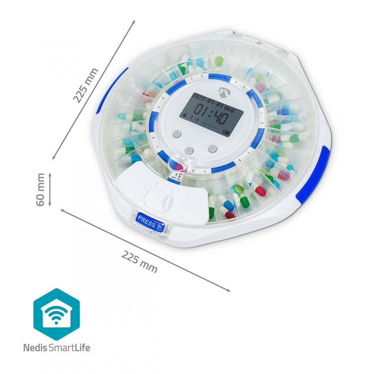 Nedis SmartLife Pilleriannostelija | Wi-Fi | 28 Osiota | Hälytysaikojen määrä: 9 hälytyskertaa päivässä | Ääni / Piippaus / Valoa | LCD näyttö | Valkoinen