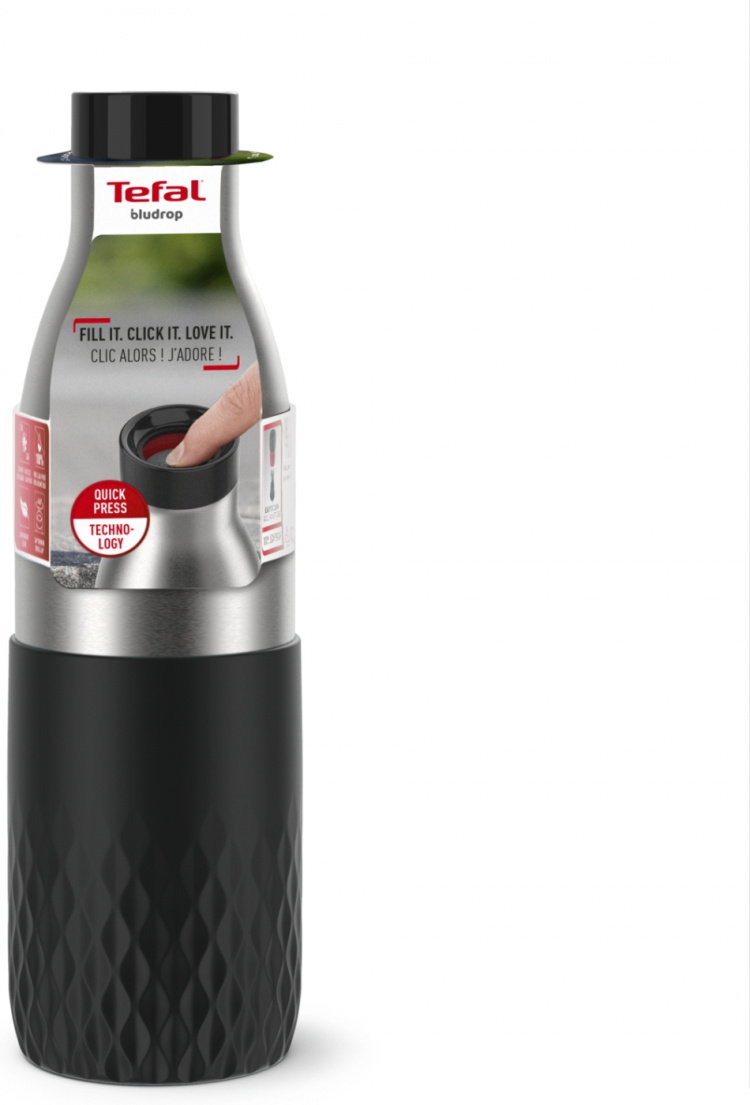 Tefal Bludrop Sleeve -juomapullo, 0,7 L, musta/teräs