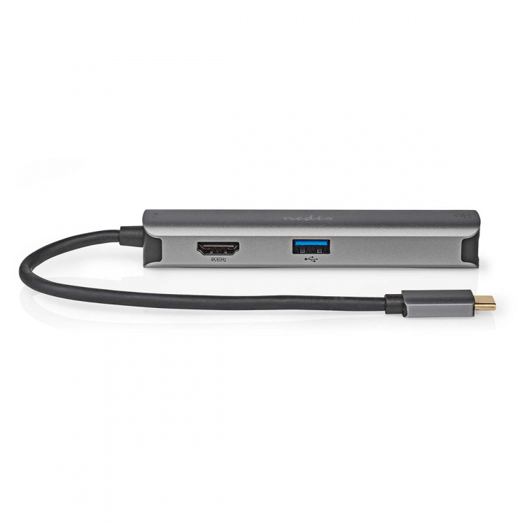 Nedis USB N Moniporttisovitin | 5-in-1 | USB 3.2 Gen 1 | USB-C™ Uros | HDMI™ Ulostulo / RJ45 Naaras / 3x USB-A Naaras | 5 Gbps | 0.20 m | Pyöreä | Kullattu | PVC | Antrasiitti | Laatikko