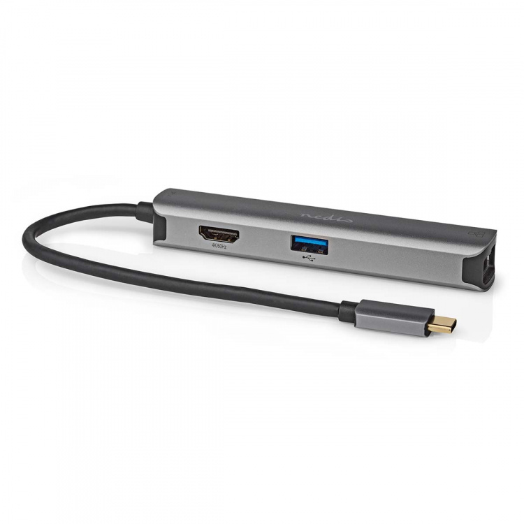 Nedis USB N Moniporttisovitin | 5-in-1 | USB 3.2 Gen 1 | USB-C™ Uros | HDMI™ Ulostulo / RJ45 Naaras / 3x USB-A Naaras | 5 Gbps | 0.20 m | Pyöreä | Kullattu | PVC | Antrasiitti | Laatikko