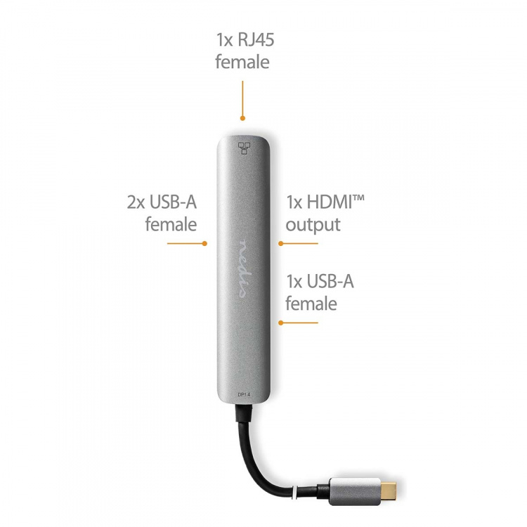 Nedis USB N Moniporttisovitin | 5-in-1 | USB 3.2 Gen 1 | USB-C™ Uros | HDMI™ Ulostulo / RJ45 Naaras / 3x USB-A Naaras | 5 Gbps | 0.20 m | Pyöreä | Kullattu | PVC | Antrasiitti | Laatikko