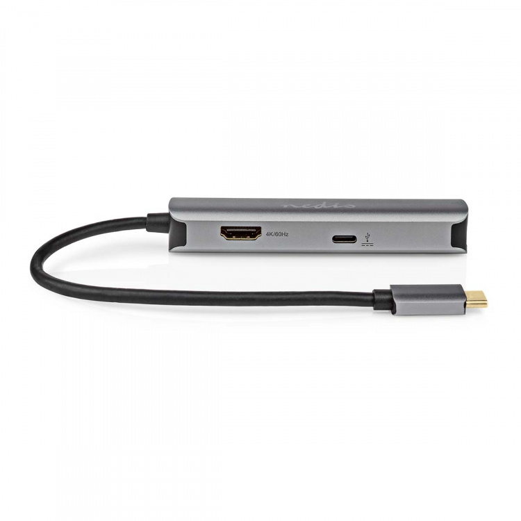 Nedis USB N Moniporttisovitin | 4-in-1 | USB 3.2 Gen 1 | USB-C™ Uros | HDMI™ Ulostulo / RJ45 Naaras / USB-A Naaras / USB-C™ Naaras | 5 Gbps | 0.20 m | Pyöreä | Kullattu | PVC | Antrasiitti | Laatikko