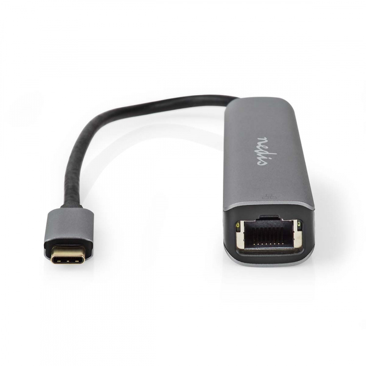 Nedis USB N Moniporttisovitin | 4-in-1 | USB 3.2 Gen 1 | USB-C™ Uros | HDMI™ Ulostulo / RJ45 Naaras / USB-A Naaras / USB-C™ Naaras | 5 Gbps | 0.20 m | Pyöreä | Kullattu | PVC | Antrasiitti | Laatikko