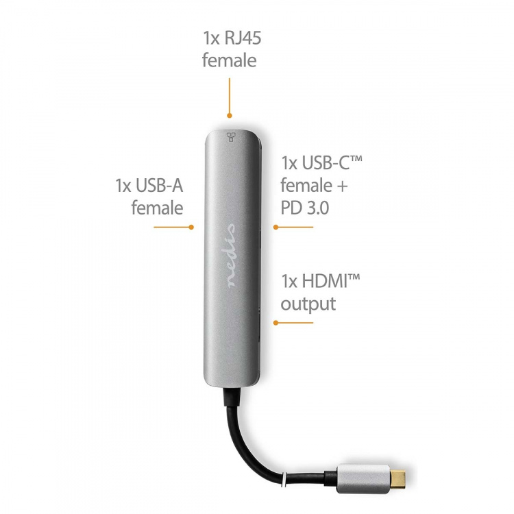Nedis USB N Moniporttisovitin | 4-in-1 | USB 3.2 Gen 1 | USB-C™ Uros | HDMI™ Ulostulo / RJ45 Naaras / USB-A Naaras / USB-C™ Naaras | 5 Gbps | 0.20 m | Pyöreä | Kullattu | PVC | Antrasiitti | Laatikko