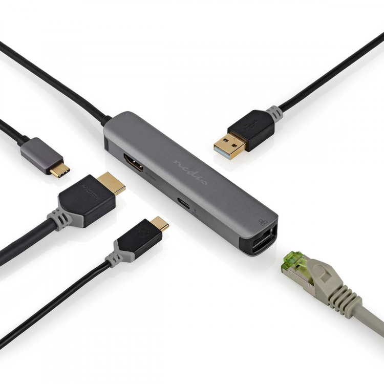 Nedis USB N Moniporttisovitin | 4-in-1 | USB 3.2 Gen 1 | USB-C™ Uros | HDMI™ Ulostulo / RJ45 Naaras / USB-A Naaras / USB-C™ Naaras | 5 Gbps | 0.20 m | Pyöreä | Kullattu | PVC | Antrasiitti | Laatikko
