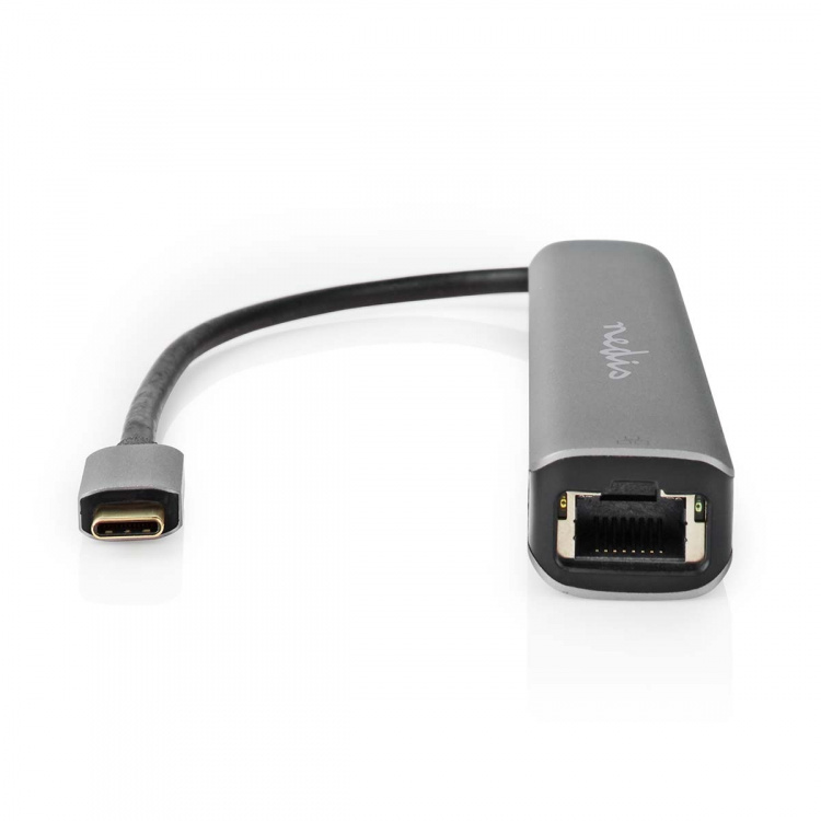 Nedis USB N Moniporttisovitin | USB 3.2 Gen 1 | USB-C™ Uros | HDMI™ Ulostulo / RJ45 Naaras / 2x USB-A Naaras / 2x USB-C™ | 5 Gbps | 0.20 m | Pyöreä | Kullattu | PVC | Antrasiitti | Laatikko